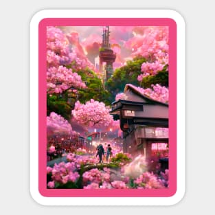 Japanese Sakura Flower Street of Garden World of Cherry Pink Blossoms Sticker